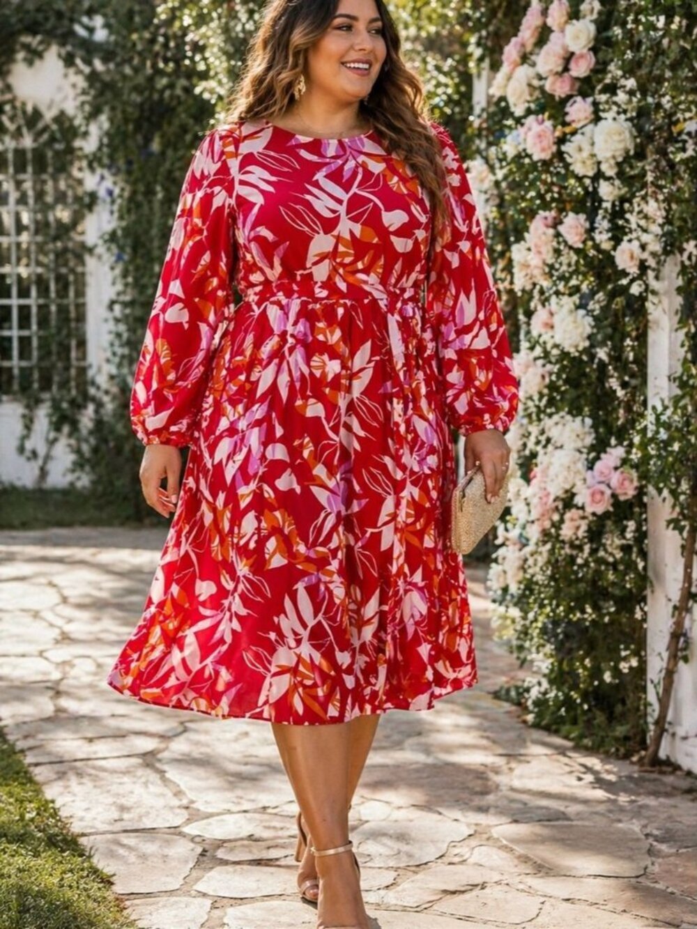 Eloquii Floral Midi Dress Red Pink Size 18 Belted Long Sleeve Summer Boho Chic